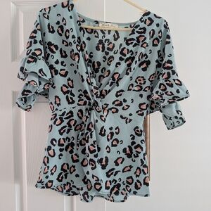 Blue Leopard Print Ruffle Sleeve Top